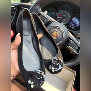 Gucci Black Suede Flats with Crystal Accents